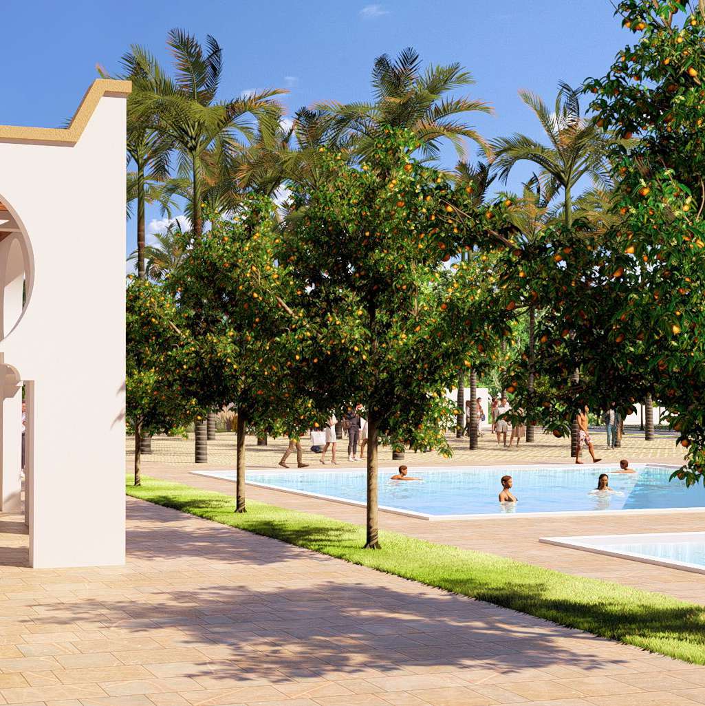 Piscine bordée d'orangers
